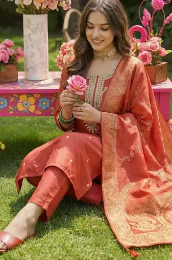 Women Ethnic Motifs Embroidered Regular Thread Work Kurta with Trousers & With Dupatta