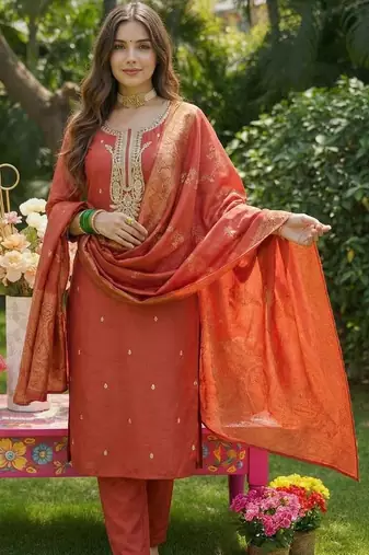 Women Ethnic Motifs Embroidered Regular Thread Work Kurta with Trousers & With Dupatta