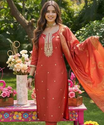 Women Ethnic Motifs Embroidered Regular Thread Work Kurta with Trousers & With Dupatta 6