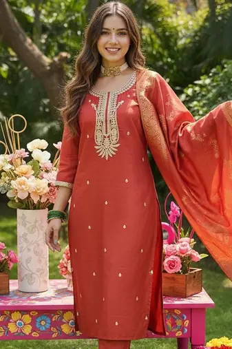 Women Ethnic Motifs Embroidered Regular Thread Work Kurta with Trousers & With Dupatta