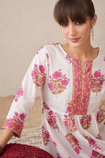 Floral Printed Notch Neck Empire  Cotton A-Line Kurta With Trouser
