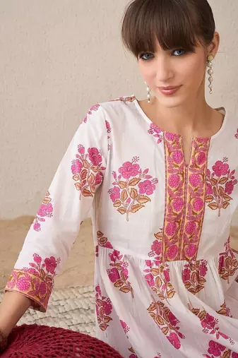 Floral Printed Notch Neck Empire Pure Cotton A-Line Kurta With Trouser