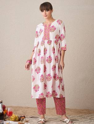 Floral Printed Notch Neck Empire Pure Cotton A-Line Kurta With Trouser 2