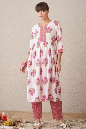 Floral Printed Notch Neck Empire Pure Cotton A-Line Kurta With Trouser