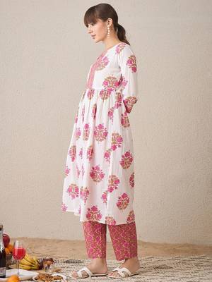 Floral Printed Notch Neck Empire Pure Cotton A-Line Kurta With Trouser 4