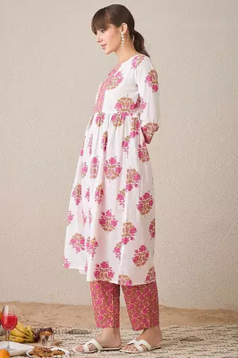 Floral Printed Notch Neck Empire Pure Cotton A-Line Kurta With Trouser
