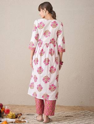Floral Printed Notch Neck Empire Pure Cotton A-Line Kurta With Trouser 5