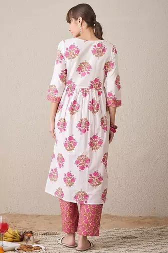 Floral Printed Notch Neck Empire Pure Cotton A-Line Kurta With Trouser