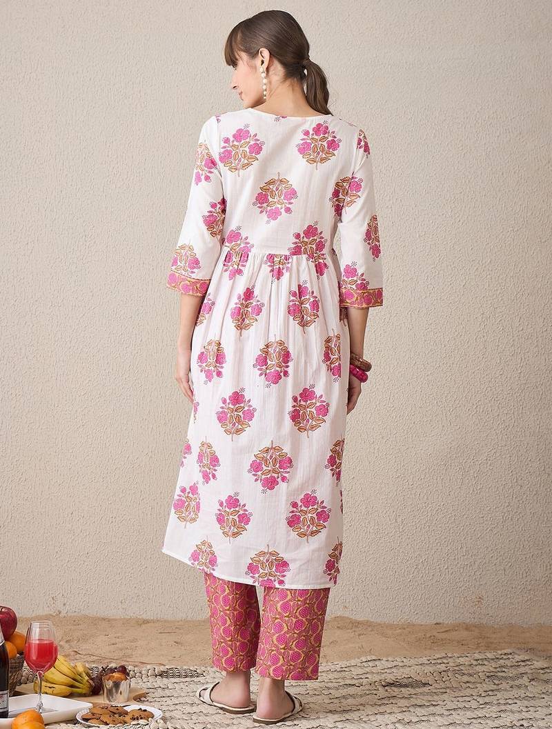 Floral Printed Notch Neck Empire Pure Cotton A-Line Kurta With Trouser