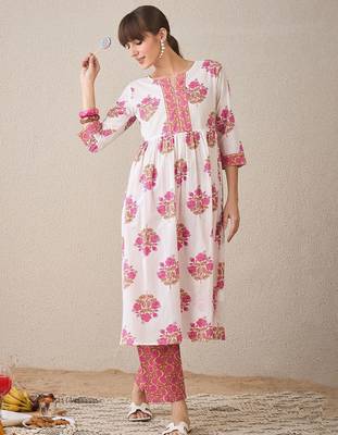 Floral Printed Notch Neck Empire Pure Cotton A-Line Kurta With Trouser 6