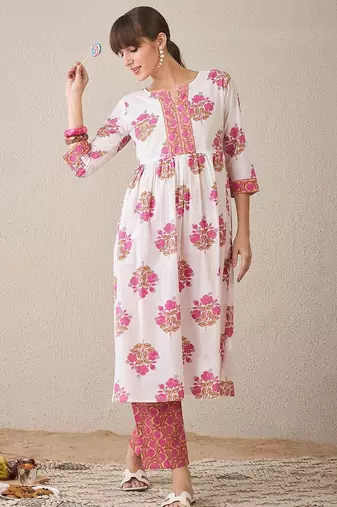 Floral Printed Notch Neck Empire Pure Cotton A-Line Kurta With Trouser
