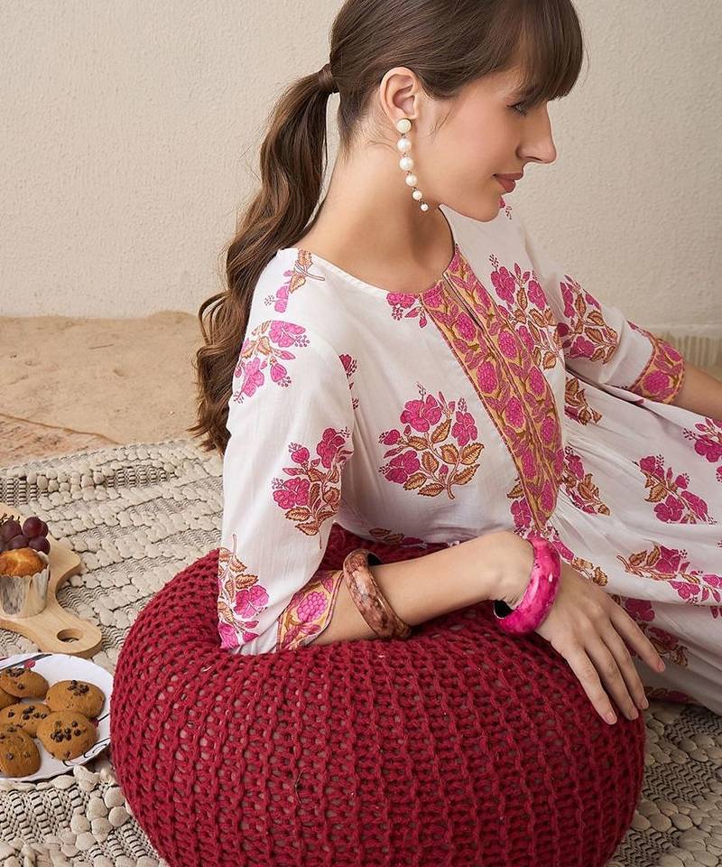 Floral Printed Notch Neck Empire Pure Cotton A-Line Kurta With Trouser