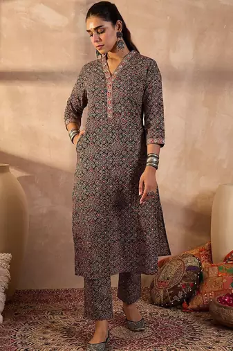 Women Ethnic Motifs Printed Regular Thread Work Pure Cotton Kurta With Trousers