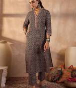 Women Ethnic Motifs Printed Regular Thread Work Pure Cotton Kurta With Trousers