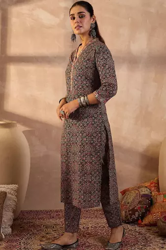Women Ethnic Motifs Printed Regular Thread Work Pure Cotton Kurta With Trousers