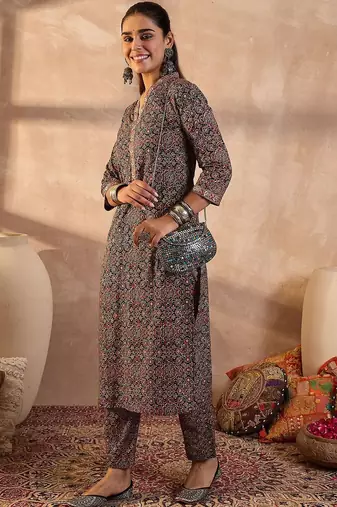 Women Ethnic Motifs Printed Regular Thread Work Pure Cotton Kurta With Trousers