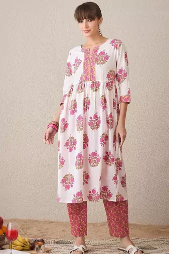 Floral Printed Notch Neck A-Line Pure Cotton Kurta With Trousers