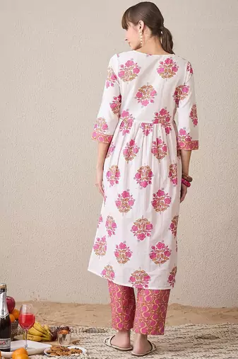 Floral Printed Notch Neck A-Line Pure Cotton Kurta With Trousers