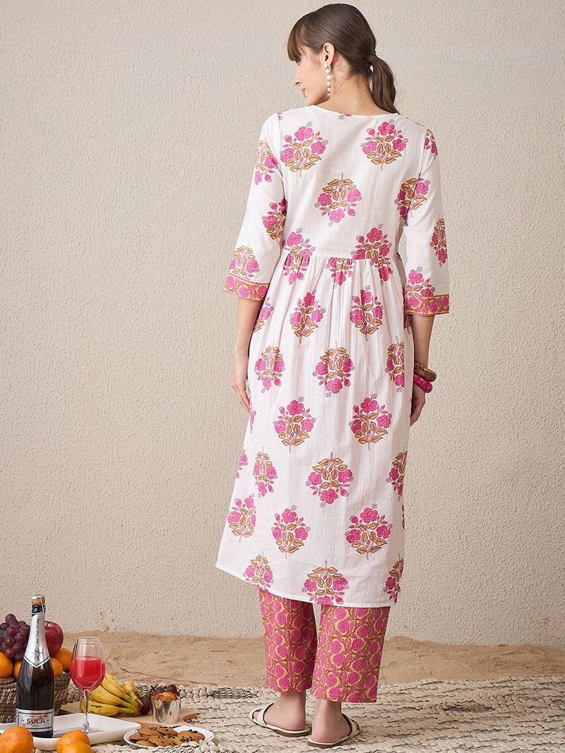 Floral Printed Notch Neck A-Line Pure Cotton Kurta With Trousers