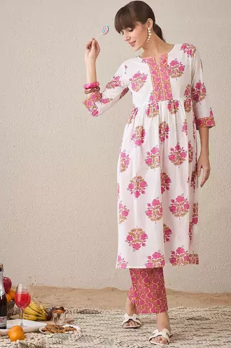 Floral Printed Notch Neck A-Line Pure Cotton Kurta With Trousers