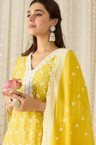 Women Ethnic Motifs Embroidered Regular Chikankari Pure Cotton Kurta with Trousers & With Dupatta