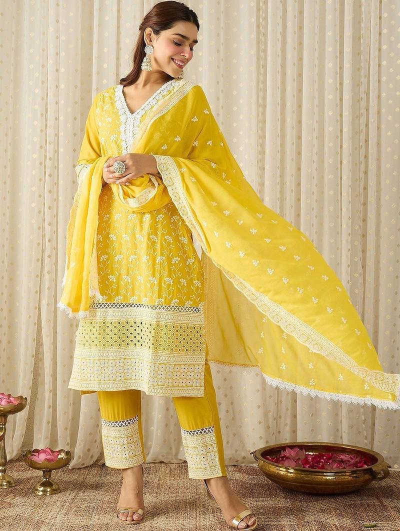 Women Ethnic Motifs Embroidered Regular Chikankari Pure Cotton Kurta with Trousers & With Dupatta