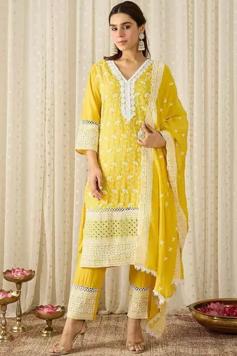Women Ethnic Motifs Embroidered Regular Chikankari Pure Cotton Kurta with Trousers & With Dupatta