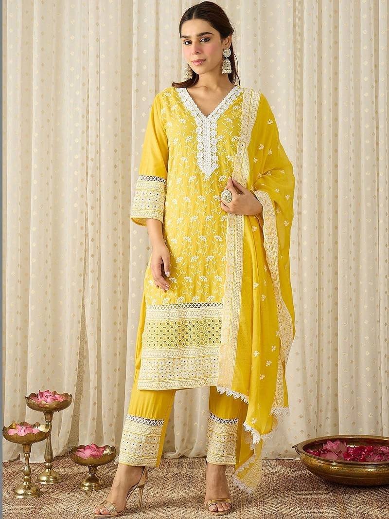 Women Ethnic Motifs Embroidered Regular Chikankari Pure Cotton Kurta with Trousers & With Dupatta