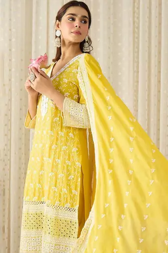 Women Ethnic Motifs Embroidered Regular Chikankari Pure Cotton Kurta with Trousers & With Dupatta