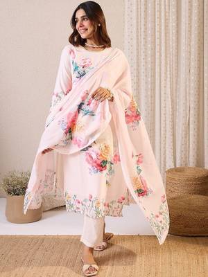 Floral Printed Round Neck Linen Straight Kurta & Trousers With Dupatta 1