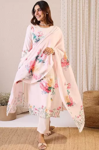 Floral Printed Round Neck Linen Straight Kurta & Trousers With Dupatta