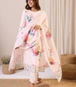 Floral Printed Round Neck Linen Straight Kurta & Trousers With Dupatta