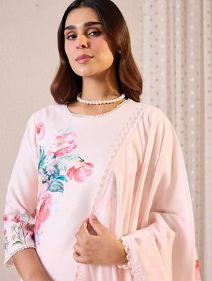 Floral Printed Round Neck Linen Straight Kurta & Trousers With Dupatta 2