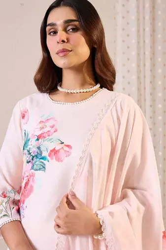 Floral Printed Round Neck Linen Straight Kurta & Trousers With Dupatta