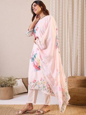 Floral Printed Round Neck Linen Straight Kurta & Trousers With Dupatta 3