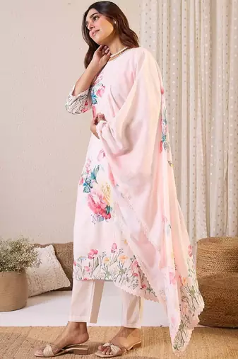 Floral Printed Round Neck Linen Straight Kurta & Trousers With Dupatta