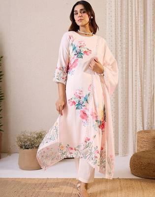 Floral Printed Round Neck Linen Straight Kurta & Trousers With Dupatta 6