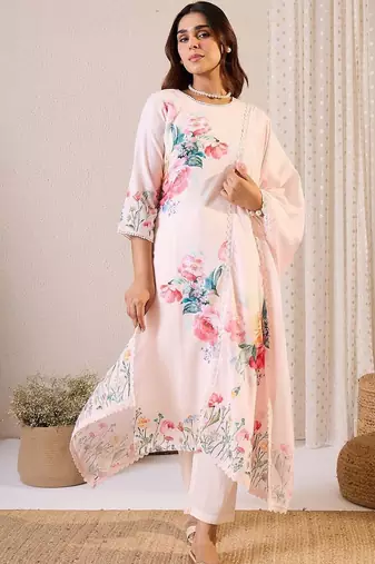 Floral Printed Round Neck Linen Straight Kurta & Trousers With Dupatta