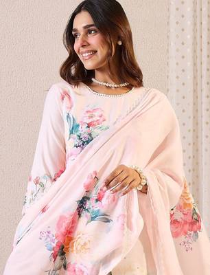 Floral Printed Round Neck Linen Straight Kurta & Trousers With Dupatta 7