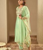 Floral Embroidered Chanderi Silk Straight Kurta With Trousers & Dupatta
