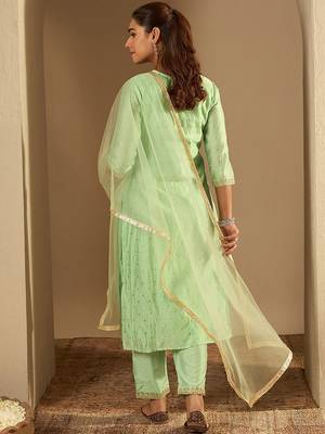 Floral Embroidered Chanderi Silk Straight Kurta With Trousers & Dupatta 4