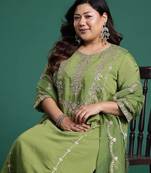 Plus Size Green Embroidered Straight Kurta Trousers With Dupatta Set