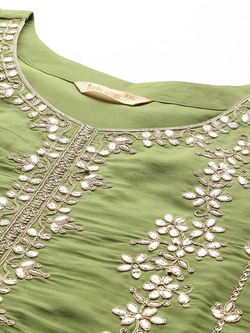 Plus Size Green Embroidered Straight Kurta Trousers With Dupatta Set