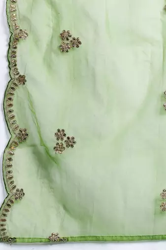 Plus Size Green Embroidered Straight Kurta Trousers With Dupatta Set