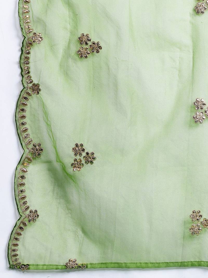 Plus Size Green Embroidered Straight Kurta Trousers With Dupatta Set