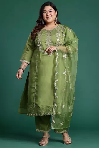 Plus Size Green Embroidered Straight Kurta Trousers With Dupatta Set