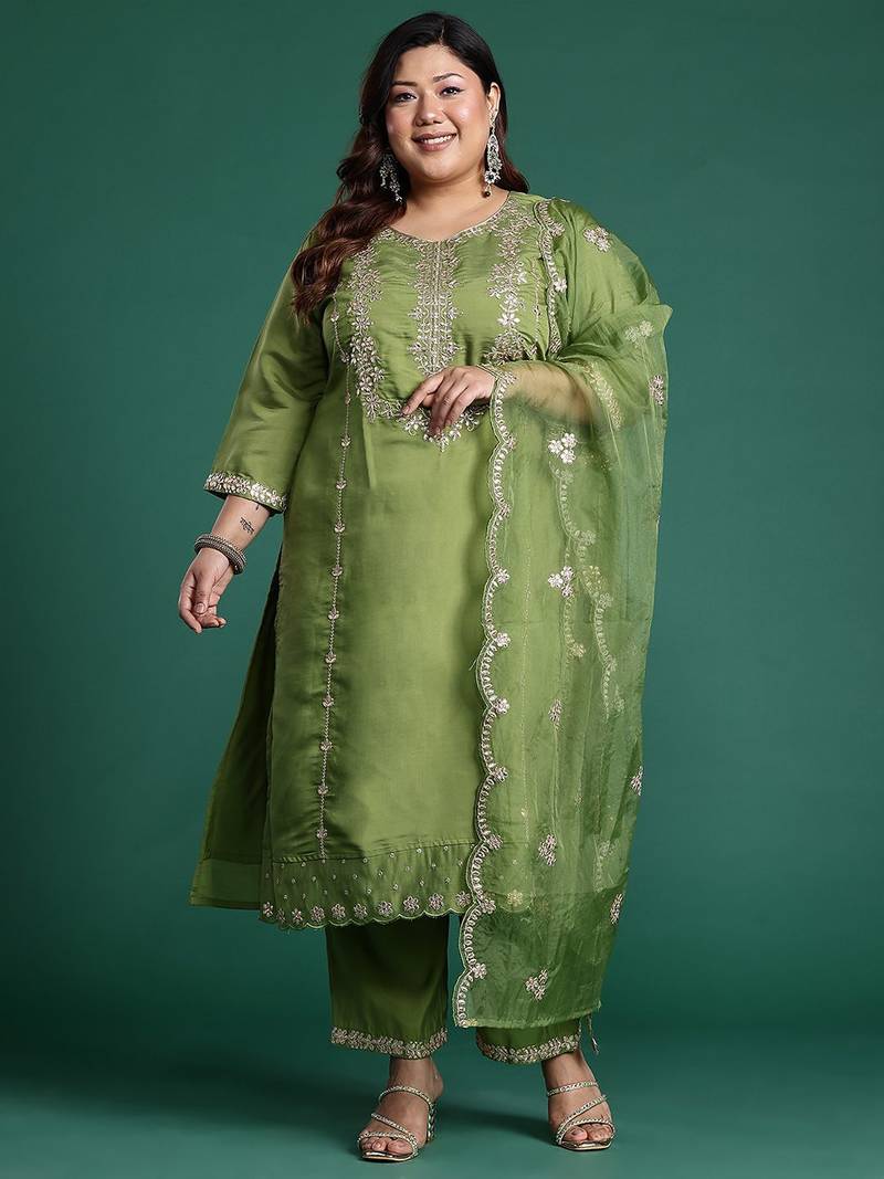 Plus Size Green Embroidered Straight Kurta Trousers With Dupatta Set
