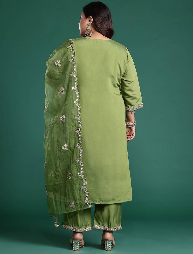 Plus Size Green Embroidered Straight Kurta Trousers With Dupatta Set