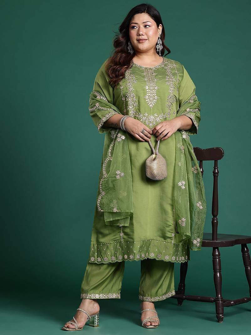 Plus Size Green Embroidered Straight Kurta Trousers With Dupatta Set