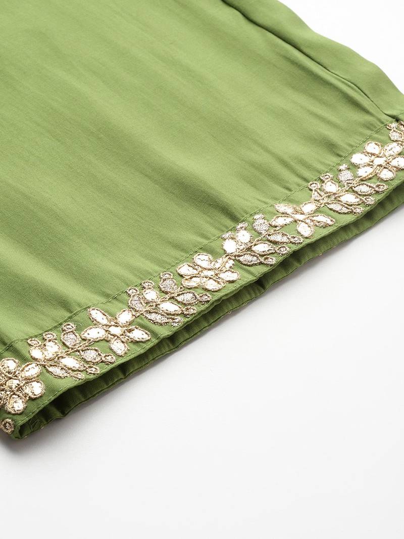 Plus Size Green Embroidered Straight Kurta Trousers With Dupatta Set